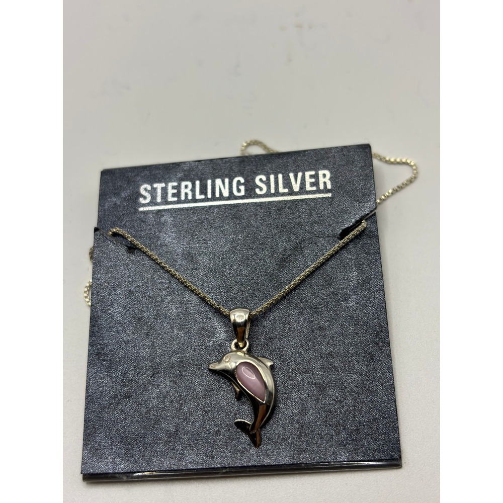 Sterling Silver Dolphin Necklace Womens 18in Silver Pink Inlay Animal Pendant